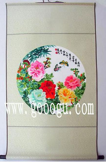 圓形牡丹刺繡畫,傳統天地桿蘇繡畫禮品